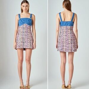 Endless Rose Tweed Square Neck Empire Waist Pink Multi Denim Dress NEW large